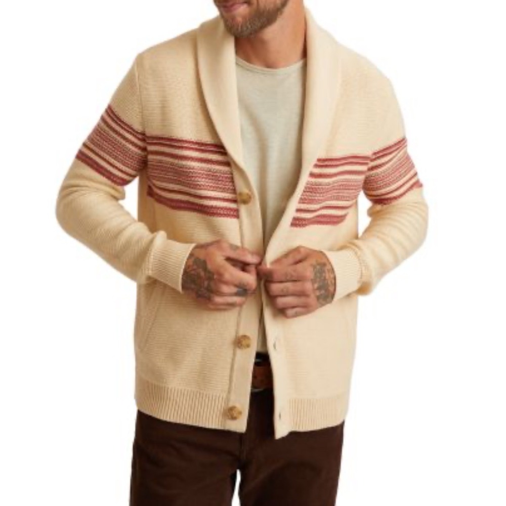 Marine Layer Nate Cardigan Chest Strip Intarsia 100% cotton Size Large